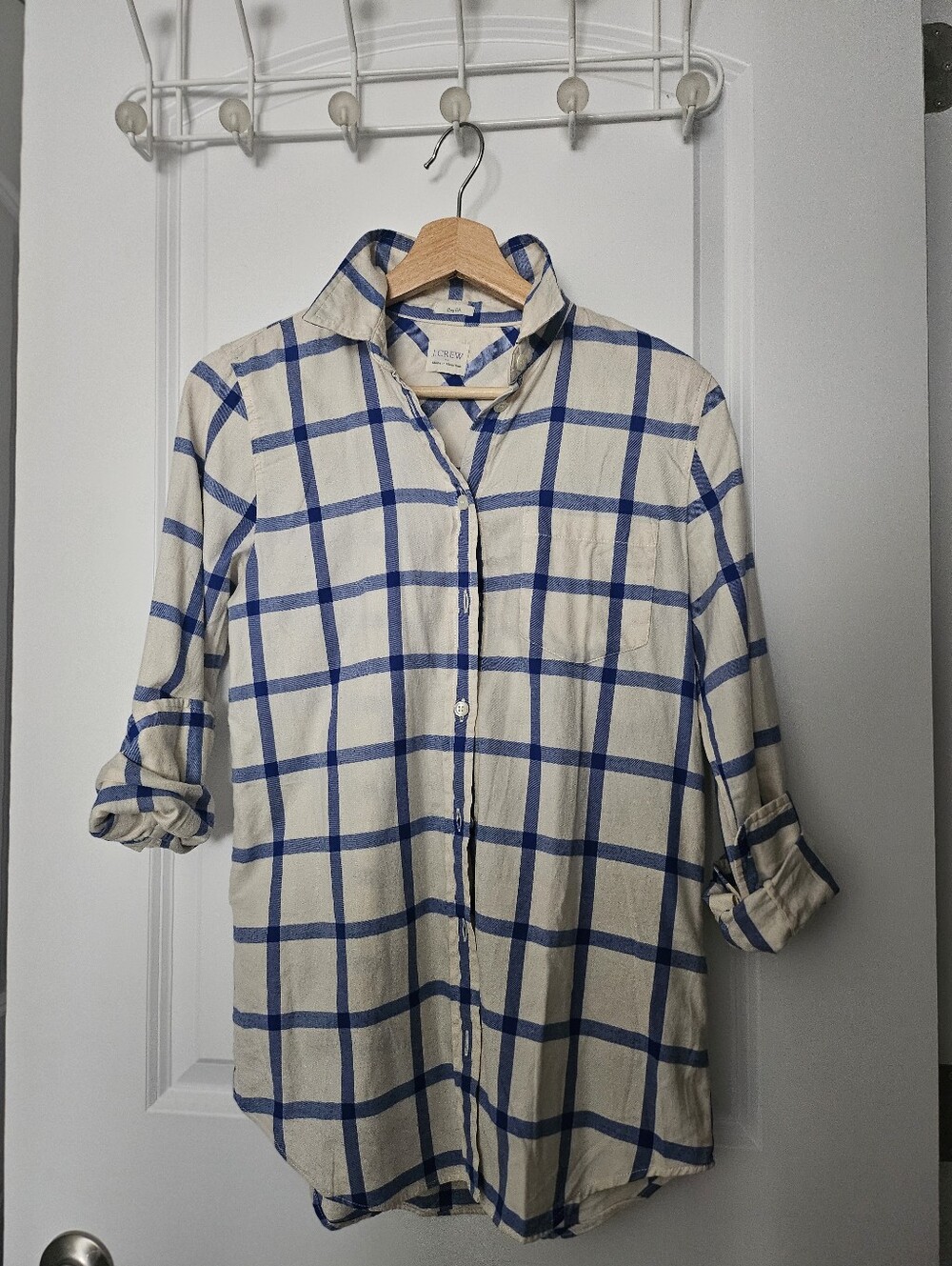 Women J. Crew Cream and Blue Windowpane Button-Down Shirt